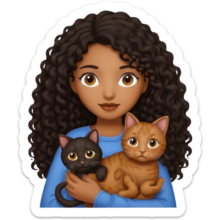 Brown skinned girl with long curly black hair holding brown cat  sticker