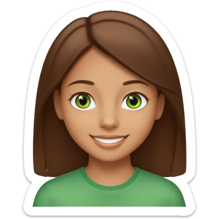 Tan girl emoji with straight brown hair and green eyes sticker
