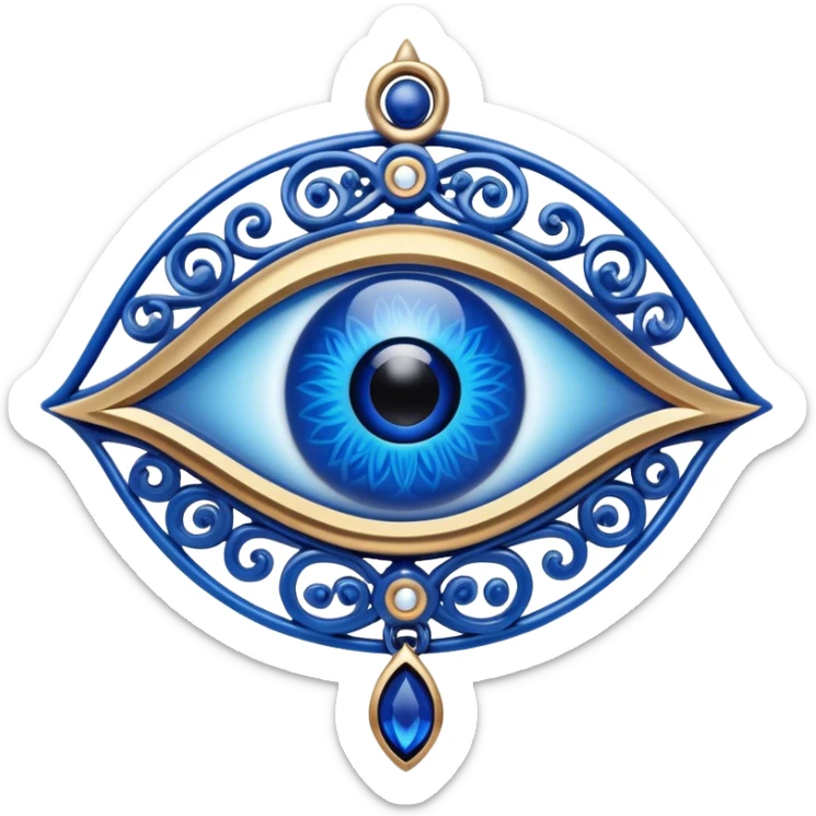 Cinematic Realistic depiction of a classic Evil Eye talisman, rendered with intricate details and vibrant blue hues, set against a soft, ethereal backdrop that underscores its protective symbolism sticker