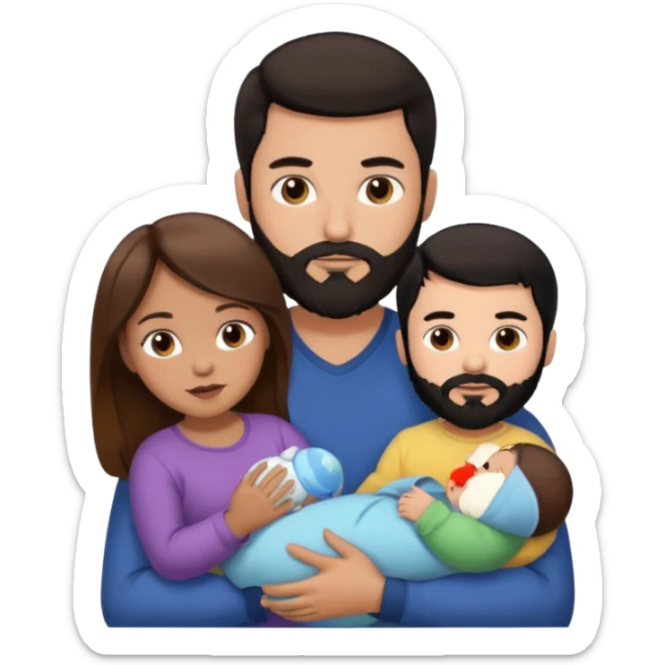 Una mujer con pelo castaño y ojos marrones  con un bebé y un hombre con pelo negro y barba sin bebe sticker