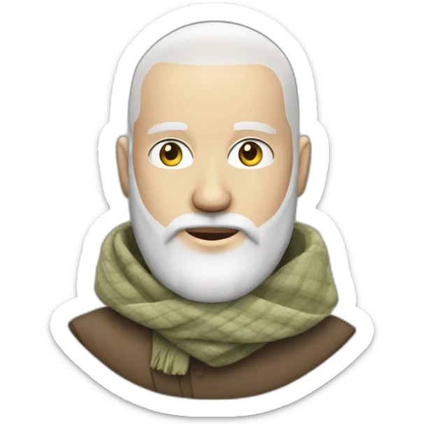 White head shaved man with a scarf on the back of the head wearing a beard sticker