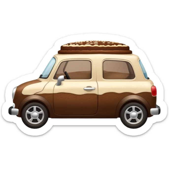 side view of a small car made from tiramisu, visible layers of coffee-soaked cake and mascarpone, dusted cocoa, cute and simple sticker