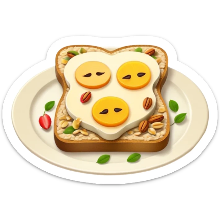 Vegetarian breakfast emoji illustration, flat iOS emoji style, toast, fruits, oatmeal, nuts, milk, no eggs, no meat, no fish, no non-vegetarian food, clean white background.” sticker
