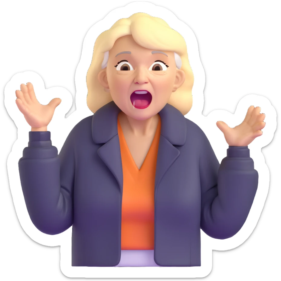 mean Karen, old yelling lady with blonde hair and a jacket sticker