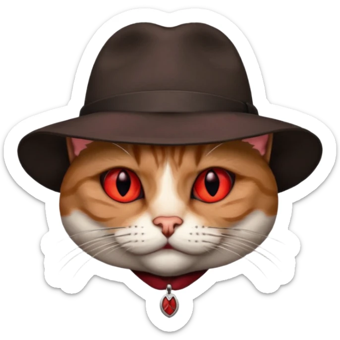 cat corleone mafia, red eyes, close head photo, hat brown with red emblement, RIP sticker