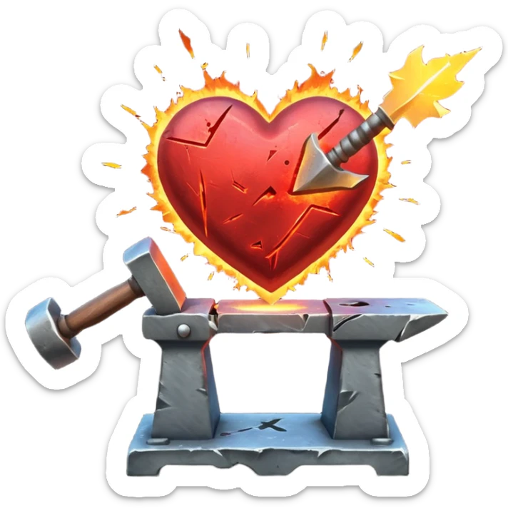 Heart being reforged on an anvil, sparks frozen mid-air sticker