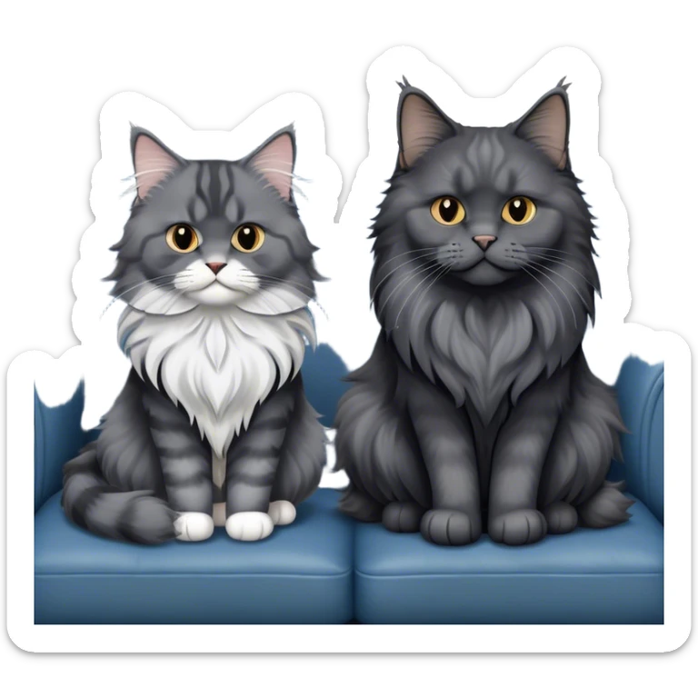 A large black smoke Maine Coon cat with long grey ear tufts and a fluffy grey ruff, sitting next to a chubby British Shorthair cat in blue color with plush fur, both sitting comfortably on a leather sofa. Beautiful room background with flowers and soft lighting. Transparent background. sticker
