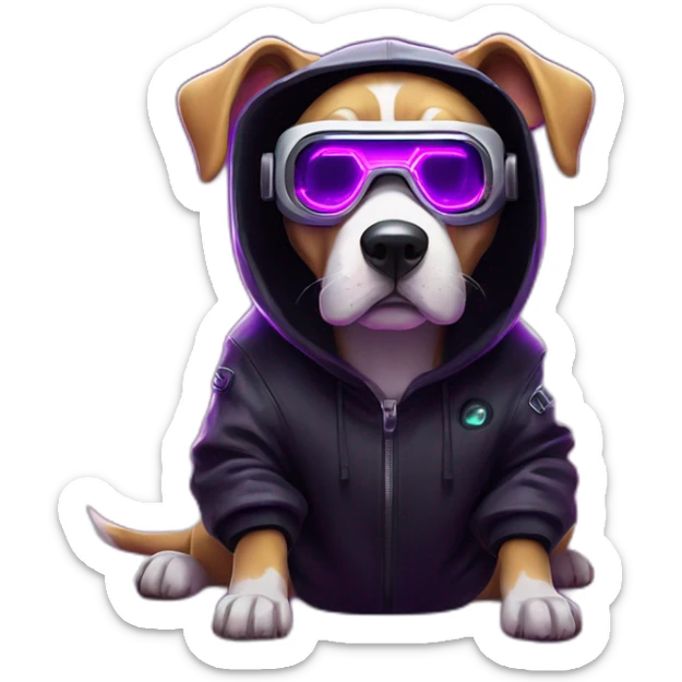 Russian dog wearing a black hoodie with "OMG" letters on it and VR headset in a cyberpunk VR environment with violet neon lighting. sticker