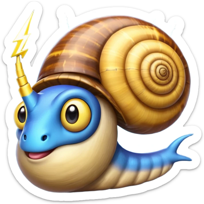 whimsical emoji of a snail with a glowing lightning bolt shell eyes looking at the viewer sticker