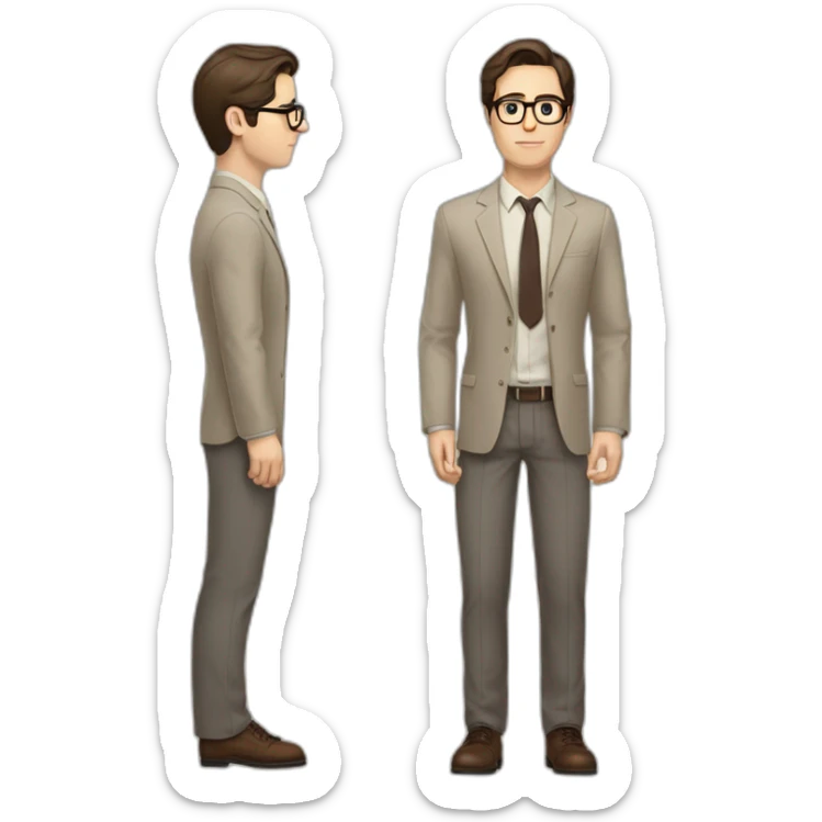 Full height Pale skinned fit man with dark brown hair in gray jacket, beige office shirt, brown tie, brown pants and vintage glasses. His right hand stretched out sticker