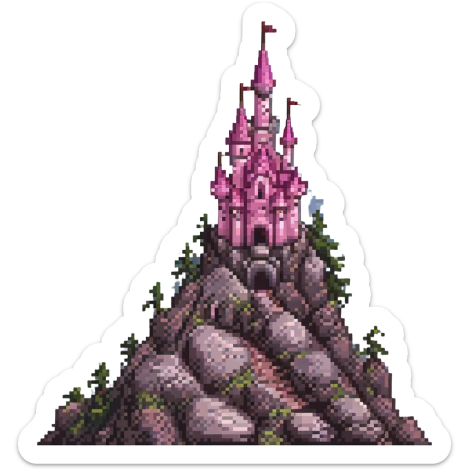 whimsical pink castle on a high rocky mountain, pixel art, cute, detailed, bright colors, magical fantasy world sticker