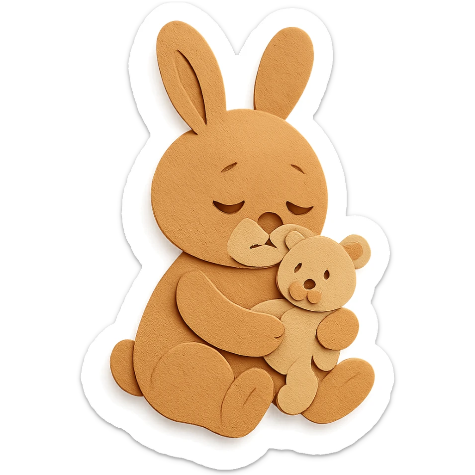 flawless, highly detailed, high quality paper craft style illustration of a caramel-colored bunny holding a teddy bear, eyes drooping, perfect proportions, no imperfections, intricate textures, soft lighting, delicate cut-paper details sticker