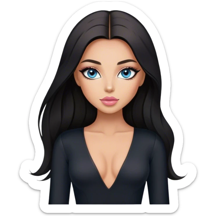 Glamours, tanned, beautiful, girl, with blue eyes, big pump peach-beige-rose lips, eyeliner, long lashes, black straight smooth silky long hair, parting hair in the middle,  in black v-neck bodysuit long sleeves sticker