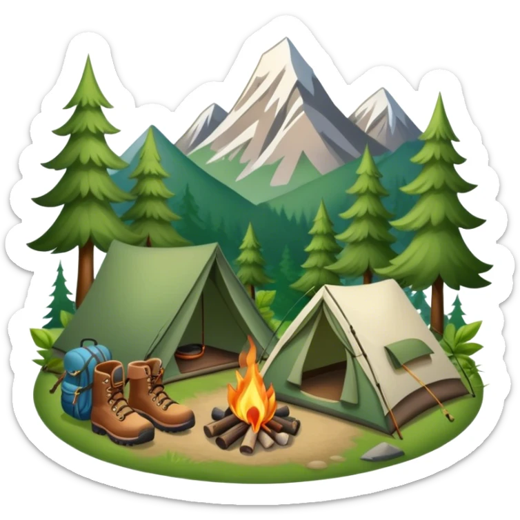 Icon for Hiking: a pair of hiking boots, a backpack, a walking stick, a tent, and a kettle over a campfire, surrounded by trees and a mountain trail. The icon should capture the adventure and warmth of camping. Transparent background. sticker