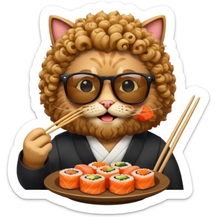 HAPPY CAT WITH CURLY HAIR AND A BIG BEARD wearing sunglasses and eating sushi sticker