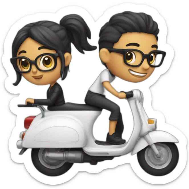 boy with long hair tied in a bun, beard, and glasses, riding a black scooter with a girl on the back sticker