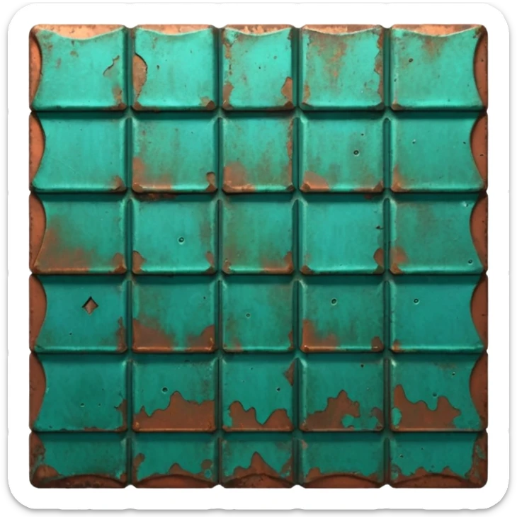 3D render of Roof Tile, heavily oxidized copper texture, verdigris patina, Aged green copper shingle, weathered bronze aesthetic, ancient decay, emoji style, isolated on white background --v 6.0. sticker