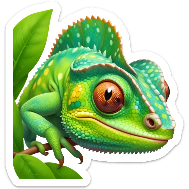 cinematic cute-smiling baby chameleon-realistic emoji,-blending-with-vibrant-greenery.-detailed-scales-in-shifting-colors,-showing-the-chameleon’s-ability-to-camouflage.-soft-natural-light-highlights-its-texture.-light-background, zoomed into its face sticker