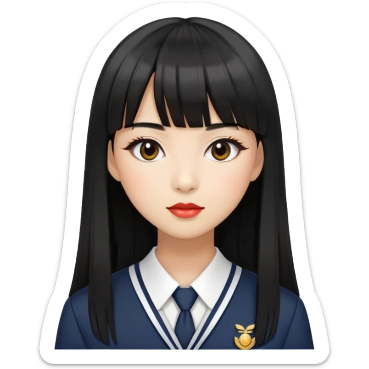 chic woman with Asian skin, black long straight bangs, wearing a school uniform, and makeup sticker