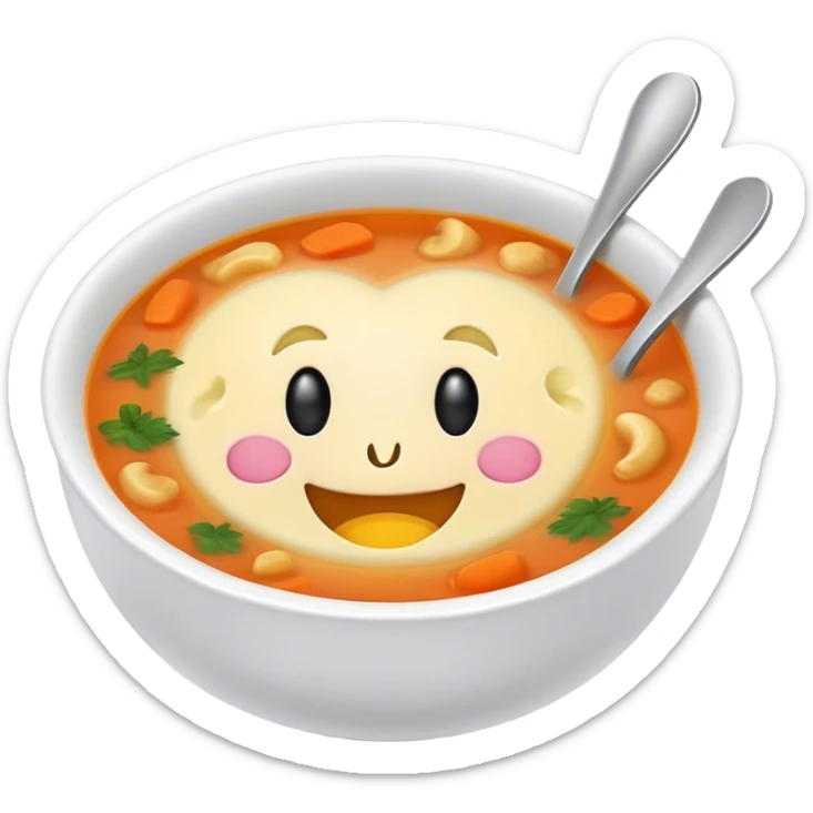 a bowl of soup with a happy face in the soup looking out sticker