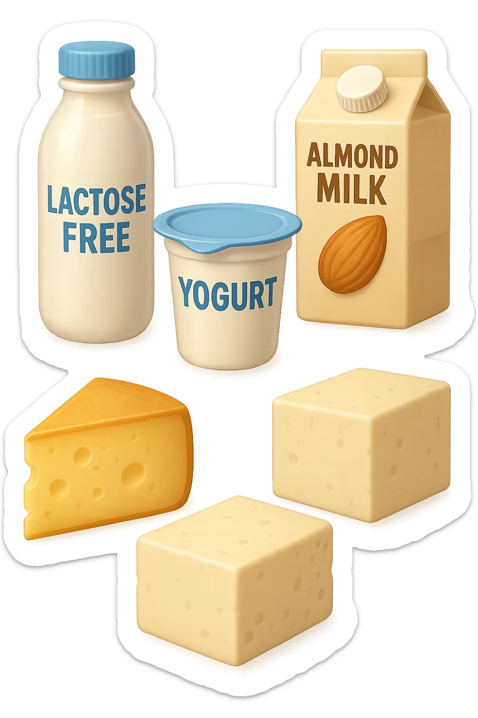 emoji stile iphone 3d di Latte e yogurt delattosati
Latte di mandorla (non zuccherato)
Latte di soia da proteine isolate
Formaggi stagionati (es. parmigiano)
Tofu compatto e tempeh
 che fluttuano in aria, iperealistico 4k sticker