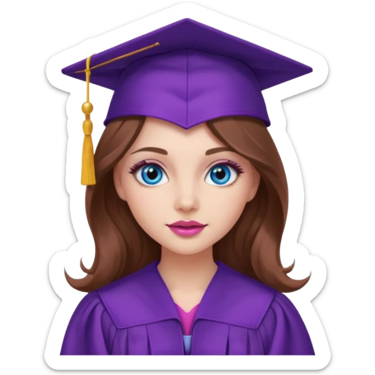 girl with wavy long brown hair, blue eyes, long lashes makeup, sexy pink lips, wearing a purple graduation cap and gown sticker