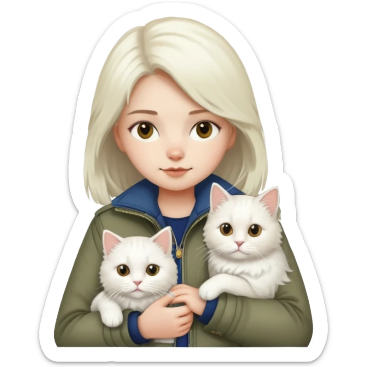 girl wear jacket with a British white Longhair cat sticker