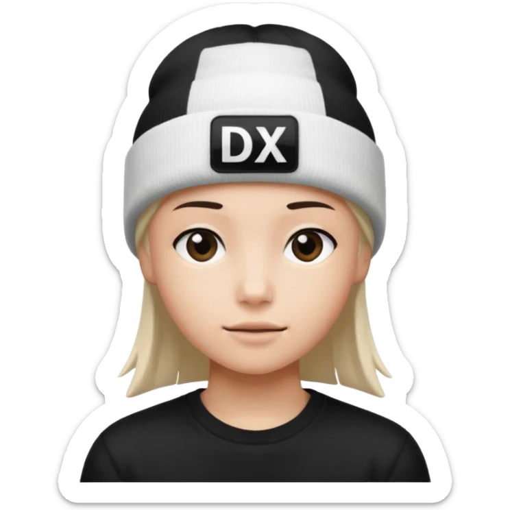 wearing a white beanie with an black square logo with the word "DX" written on it.

 sticker