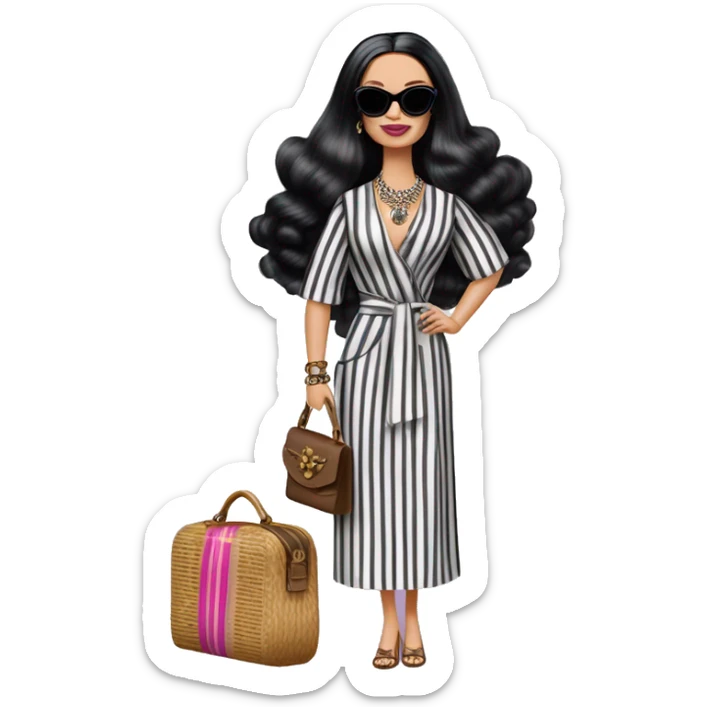 Palm Beach Breeze Barbie Wednesday Addams ,white skin, full body visible, wavy hair,handbag, earrings,vertical-striped caftan,small 2 piece, sunglasses,heels,holding yorkie Miss Thang sticker