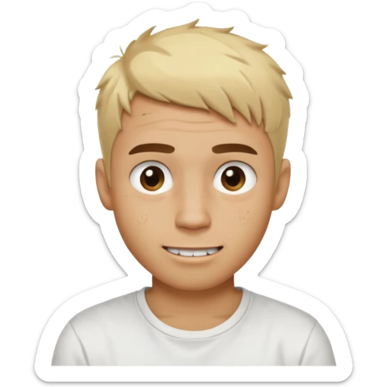 Male with short, messy blonde buzzstyle hair, large expressive golden-brown eyes, brown skin, subtle facial bruises and scratches, crooked smile showing slightly damaged teeth, wearing a plain white t-shirt. sticker