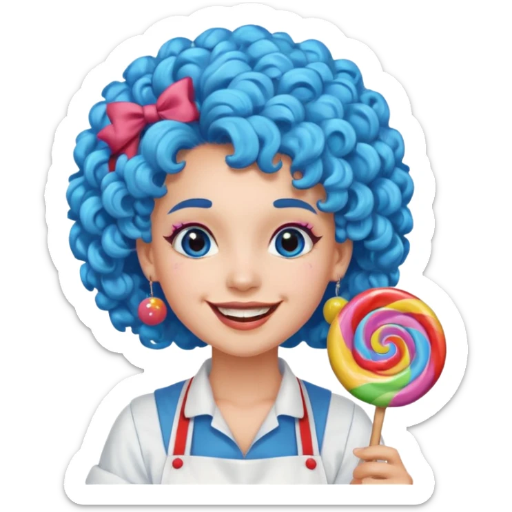 candy shop vendor, looking like candy with candy earrings and candy hair with big smile and blue curly hair sticker