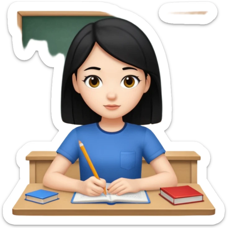 girl with black hair in short sleeves focusing in class sticker