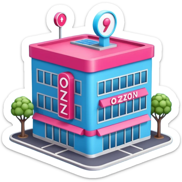 The building houses the Ozon order pickup point in its signature blue (digital blue) and raspberry colors. sticker