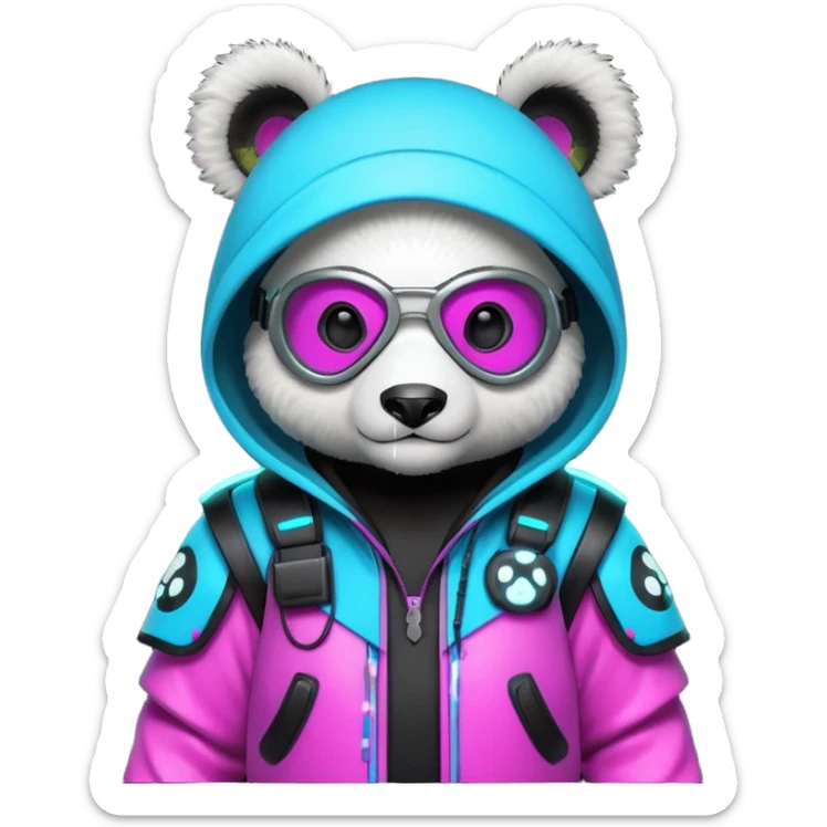 cute cyberpunk panda, neon hoodie, cyber goggles, glowing patterns, futuristic armor details, 3D cartoon, mobile game icon style, clean background, no text, no watermark
 sticker