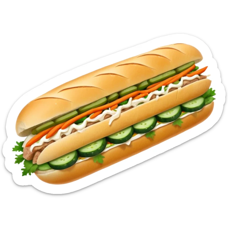 traditional banh mi with char grilled pork


    Very crusty baguette

    Mayo 

    Pickled carrot 

    Cucumber, coriander/cilantro, green onion, chilli 
 sticker