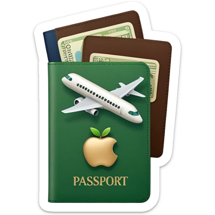 passport with airplane tickets sticking out, Apple emoji style, colors #173e12 and #c1a793, no text, simple shapes, minimalist sticker