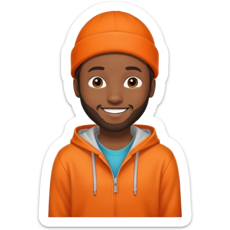 African yound man in his late 20s with a beanie and a bright smile with a short boxed beard, and a low cut hair, orangehoody sticker