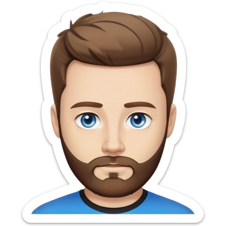 a man with short, styled brown hair and a full, neatly trimmed beard. He has light skin, blue eyes, and is looking directly at the camera with a neutral, calm expression. He’s wearing a black T-shirt sticker