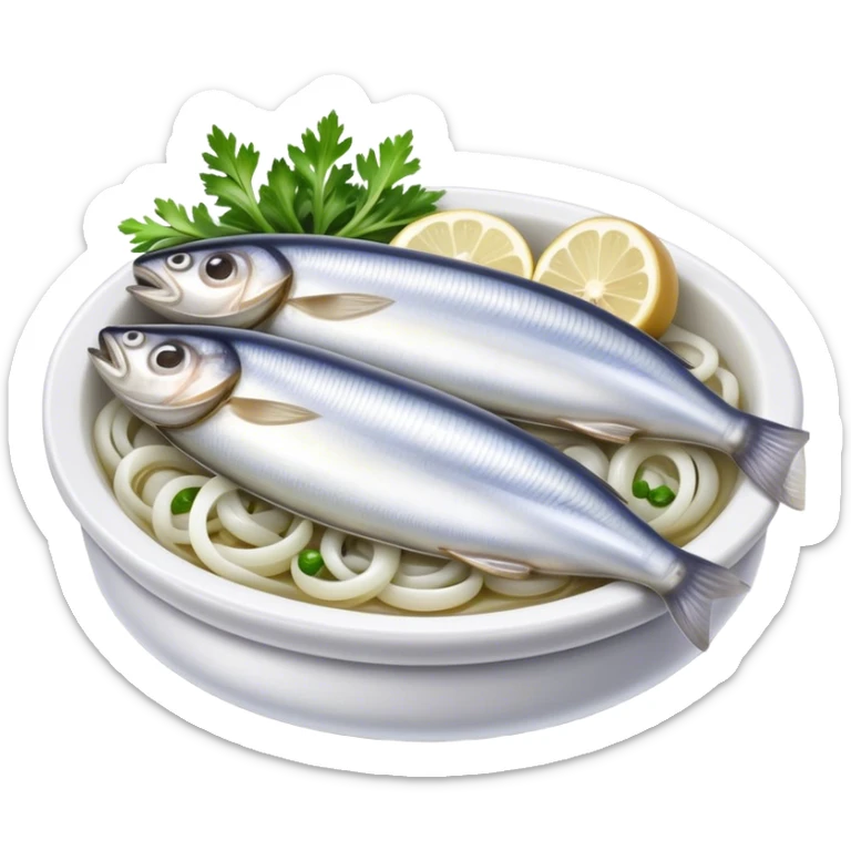 Cinematic Realistic Herring Dish Emoji, showcasing a traditional preparation of fresh herring with onions rendered with lifelike detail and cool, crisp lighting. sticker
