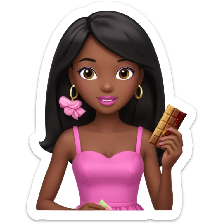 Black barbie, long black  hair, pink dress eating chocalate bar sticker