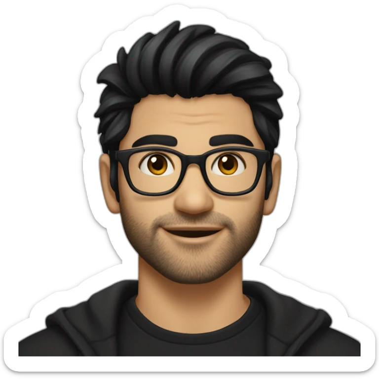 North Indian white fair skinned male with glasses and black hair combed in front a bit like zayn wearing a black tshirt and black overcoat sticker