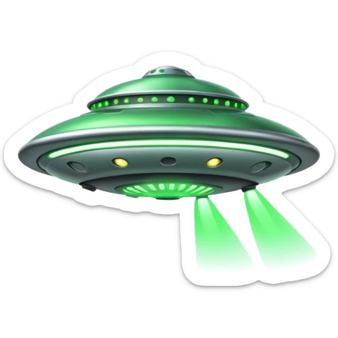 UFO flying saucer, green lights, cartoon sci-fi emoji, no background sticker