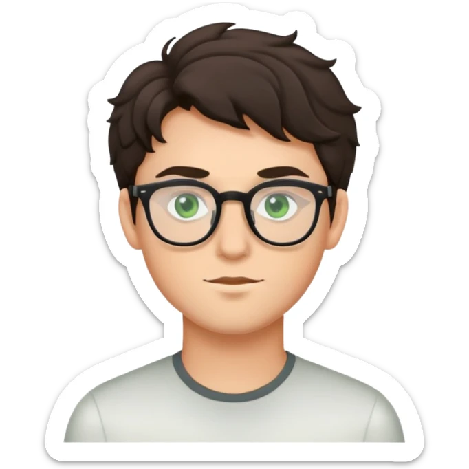 young man with dark slightly curled hair wearing glasses with green eyes sticker