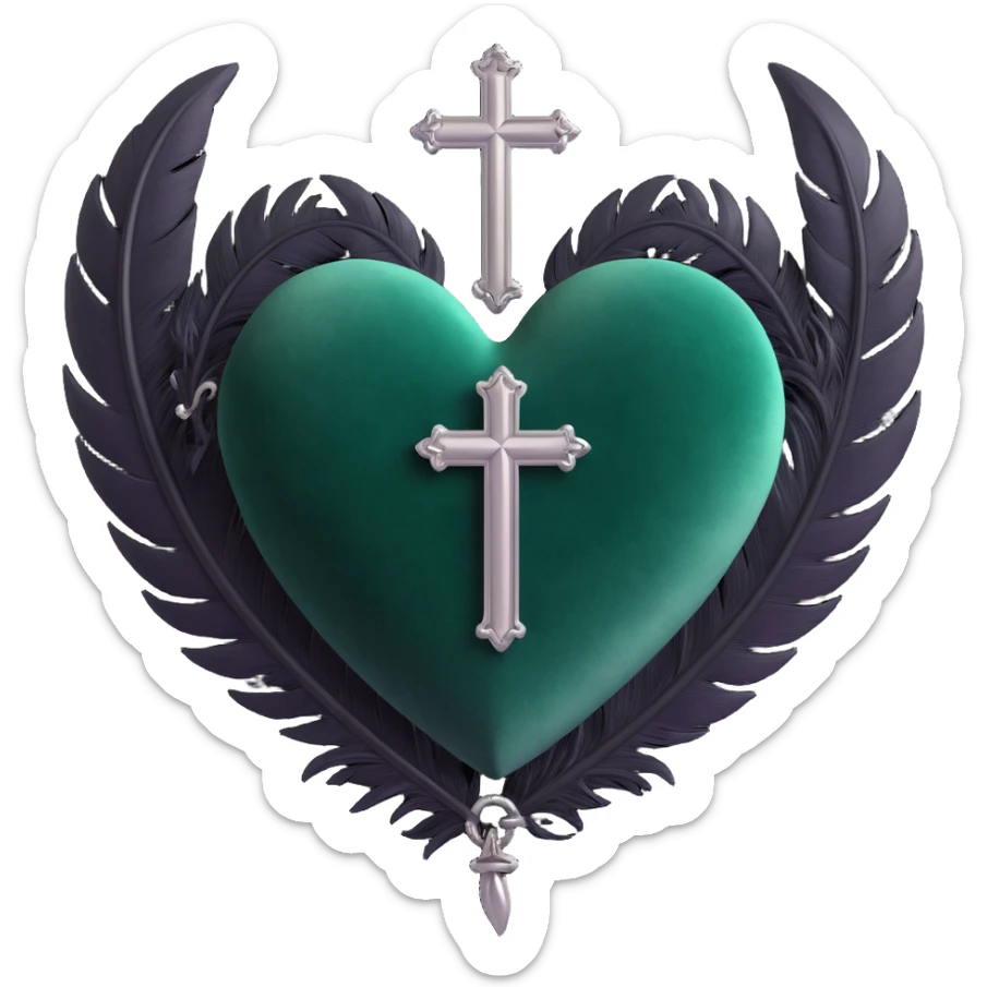 gothic heart, dark emerald velvet, silver cross, feather accents, lush and gothic sticker