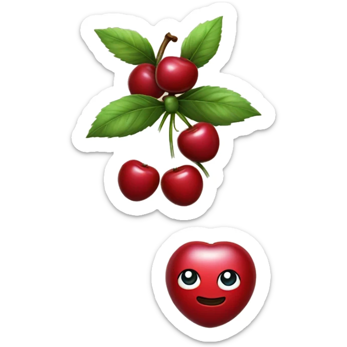An emoji of two cherries hanging from a ribbon bow, with the cherries dangling below the tied bow sticker