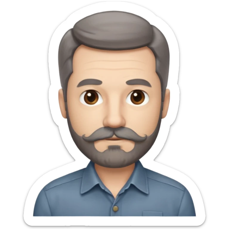 50 yr old white man, pale skin, dark grey hair with some brown highlights, side swept part, groomed moustache and beard sticker