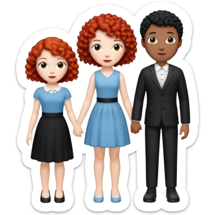 crie uma figurinha com uma família de três uma mulher branca de cabelo  cacheado curto vermelho um homem branco de cabelos preto e uma menina branca de cabelos cacheados preto sticker