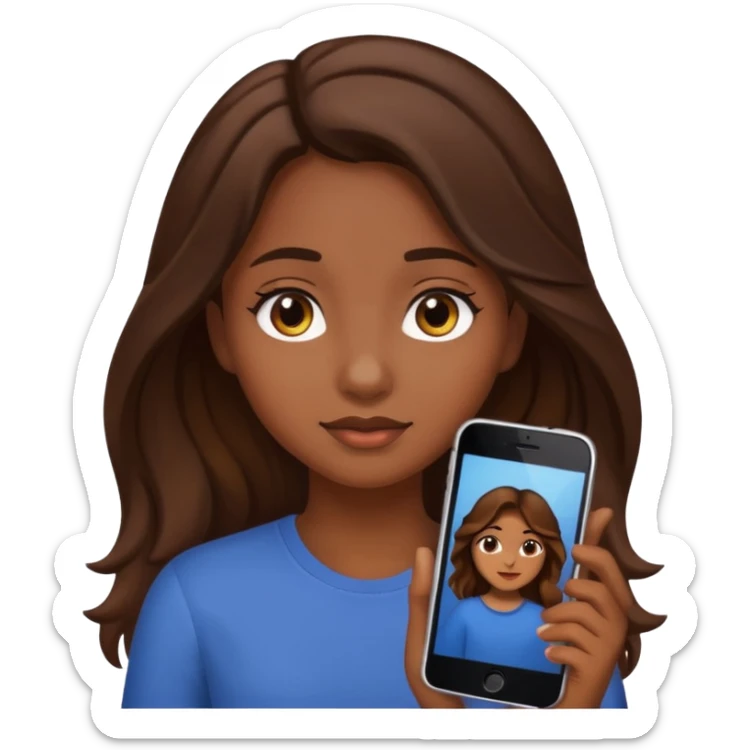 chica con el pelo castaño, largo, ligeramente ondulado, ojos marrón oscuro, estilo emoji de iPhone sticker