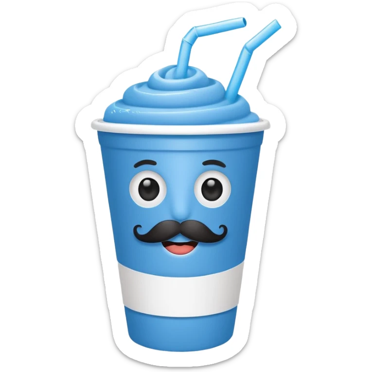 paper blue cup and white straw, the cup has eyes and mouth and mustache sticker