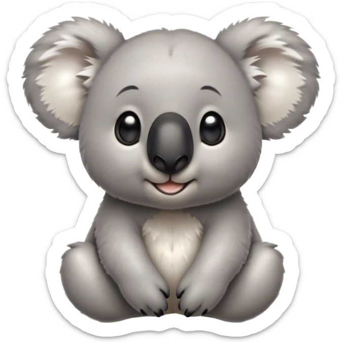 Cinematic Cute Koala Portrait Emoji, Head tilted playfully and inquisitively, featuring a fluffy grey fur with perky, rounded ears and a charming black nose, round, sparkling eyes filled with gentle curiosity, Simplified yet irresistibly adorable features, highly detailed, glowing with a warm, friendly glow, high shine, affectionate and cuddly, stylized with a touch of eucalyptus whimsy, bright and endearing, soft glowing outline, capturing the essence of a mischievous yet loving koala, so playful it feels like it could snuggle out of the screen into your arms! sticker